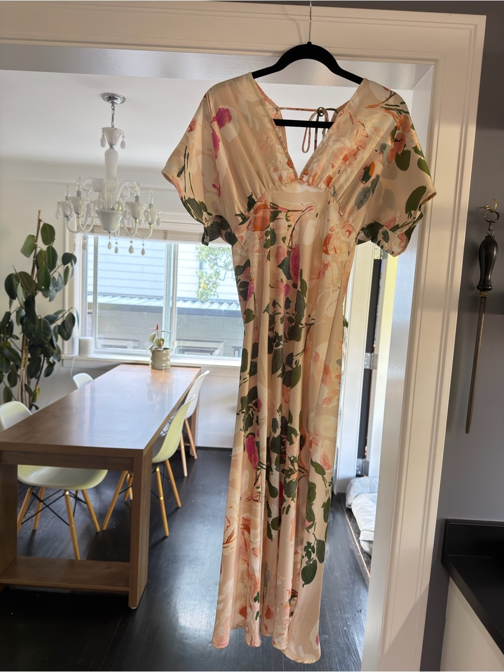 Floral V-Neck Midi Dress in Cream with Pink & Green Accents